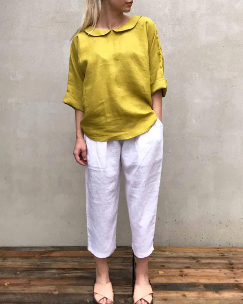 Blouse Peter Pan-Kraag Linnen-Mix Loose-Fit