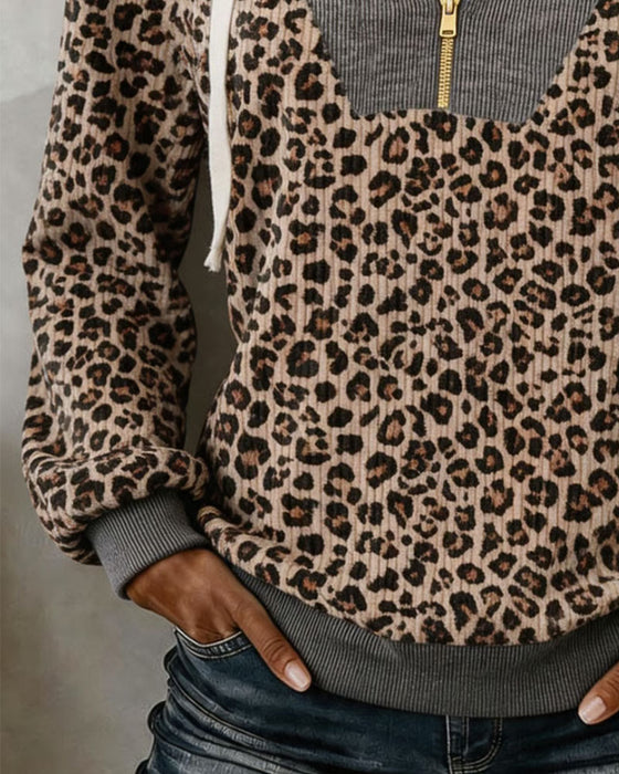 Hoodie Luipaardprint Spliced Half-Rits