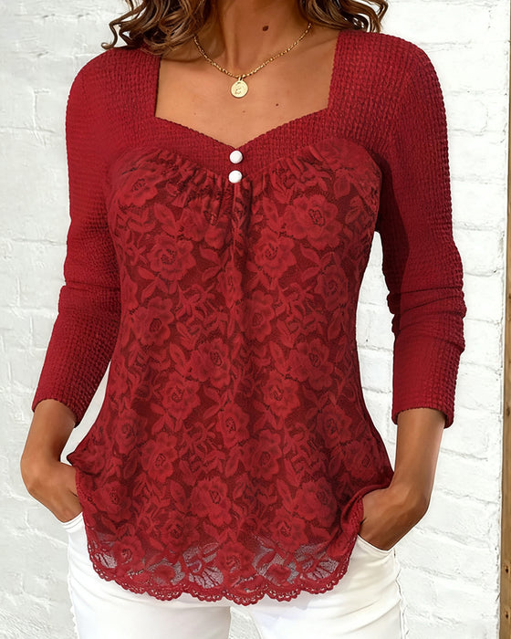 Langmouwige Top Met Vierkante Hals En Patchworkdetails