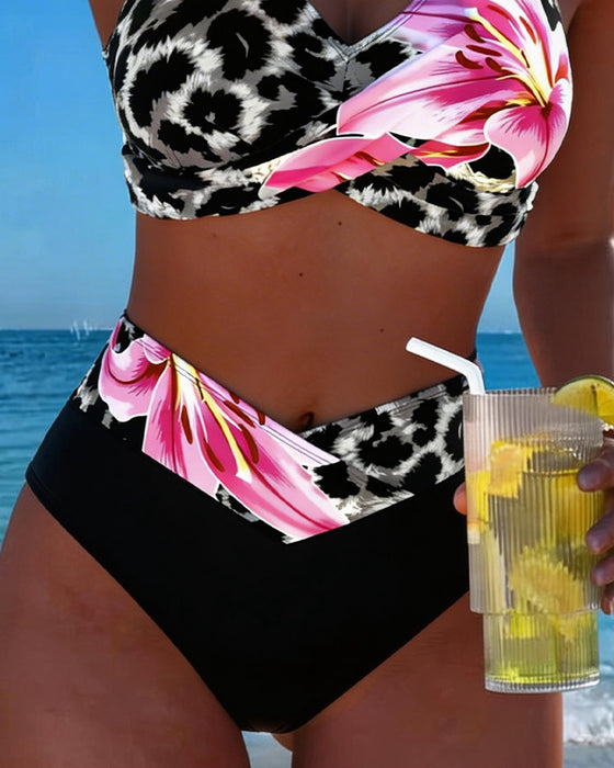 Bikini Luipaardprint Bloemig Contras Kleur