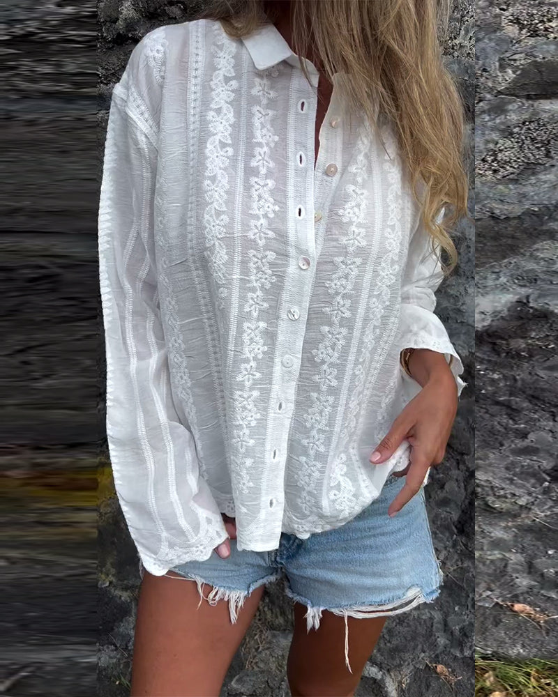 Shirt Geborduurd Uitholling Polo Kraag Casual