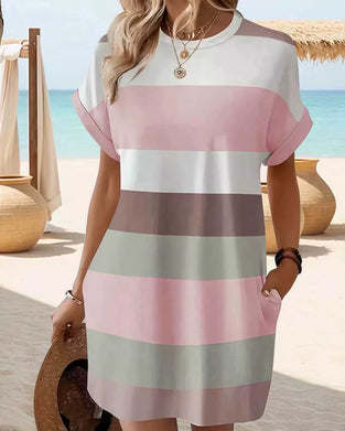 Jurk Ronde Hals Gestreept Print Korte Mouw Casual