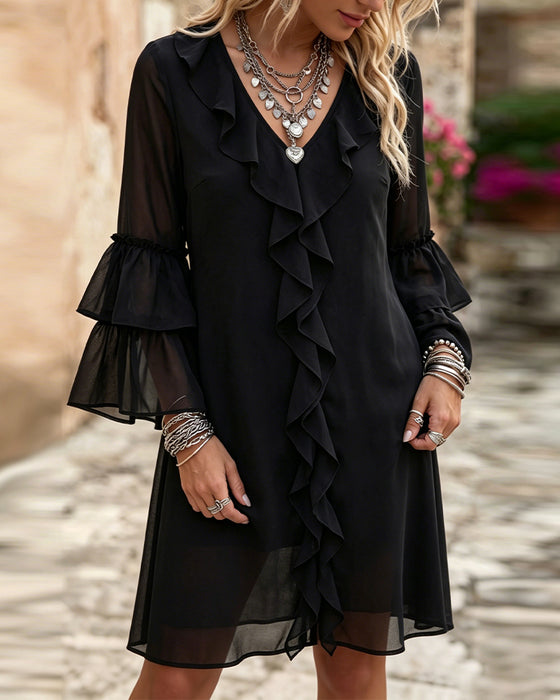 Jurk Ruffle Flare Mouw V-Hals