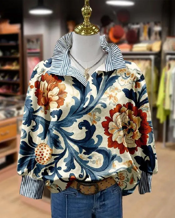 Vintage Bloemen Patchwork Streep Knoopsgat Blouse