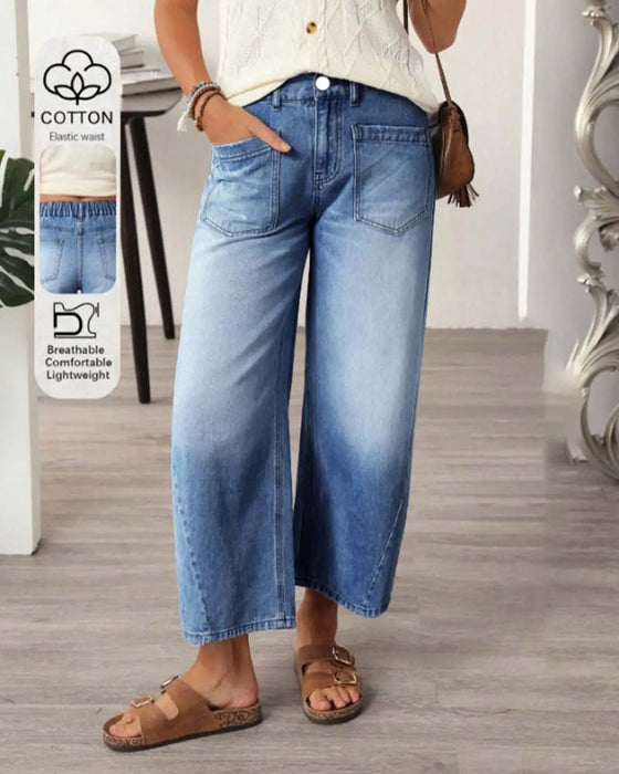 Jeans Denim Elastische Taille Wijd Pijp Cropped