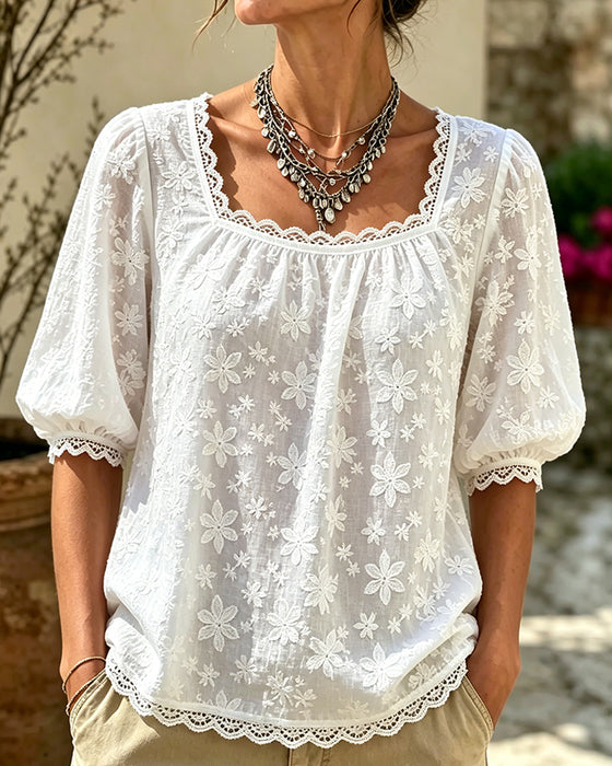 Blouse Met Vierkante Hals Pofmouwen Jacquard