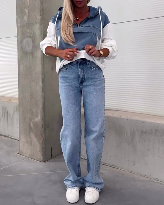 Casual denim patchwork hoodie met rits