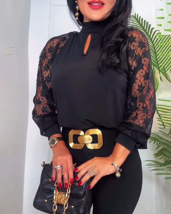 Top mode effen kleur gehaakt kant mouw patchwork