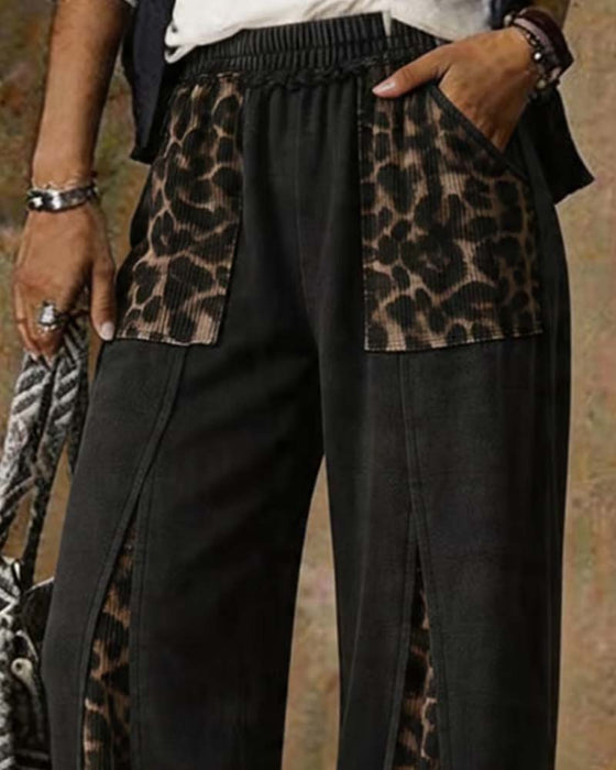 Broek Luipaardprint Wijd Patchwork Casual
