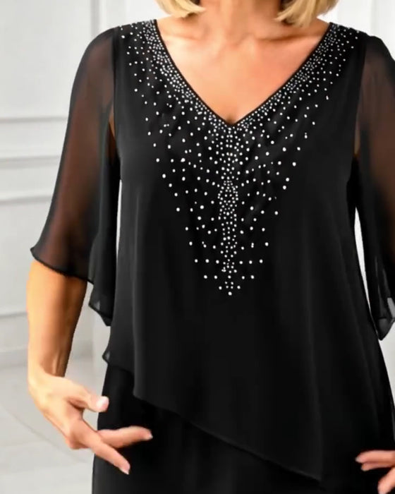 Jurk Casual V-Hals Rhinestone