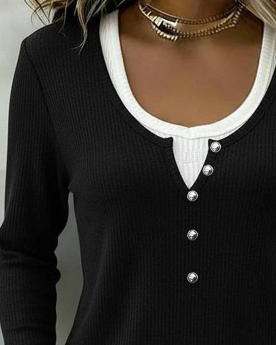 Top Kleurblok Knop Langmouw