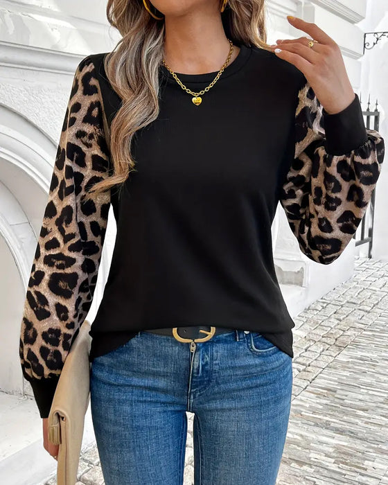 Top Lange Mouw Luipaardprint Contrast