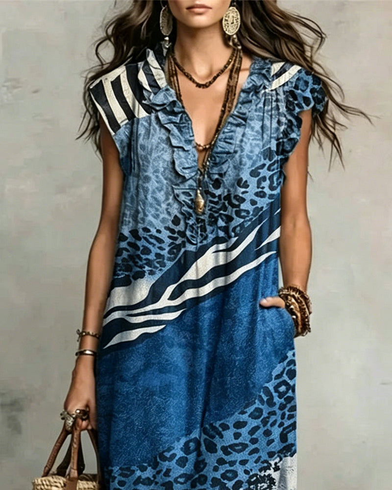 Jurk V-Hals Ruche Patroon Patchwork