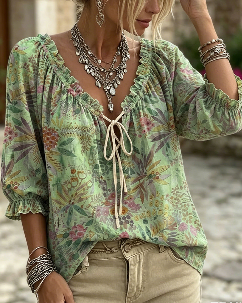 Blouse V-Hals Met Vetersluiting