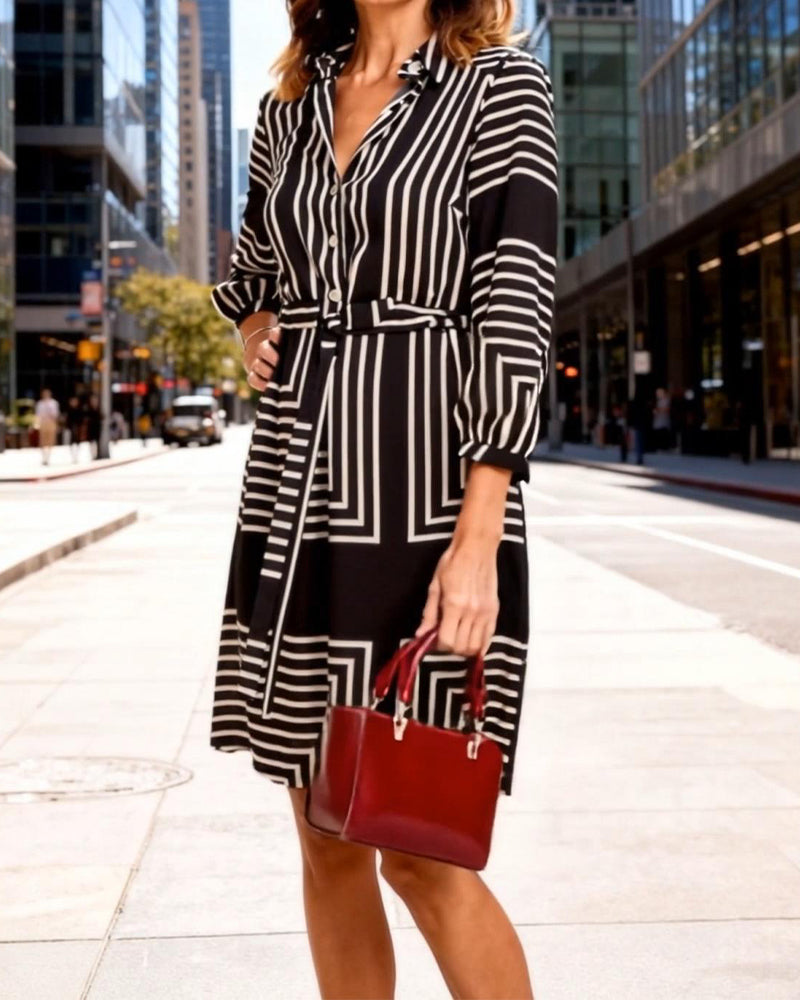 Jurk Rever Kraag Gestreepte Print