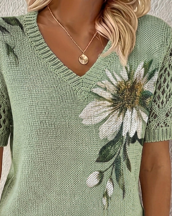 Pullover V-Hals Gebreid Bloemen