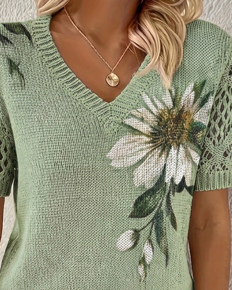 Pullover V-Hals Gebreid Bloemen
