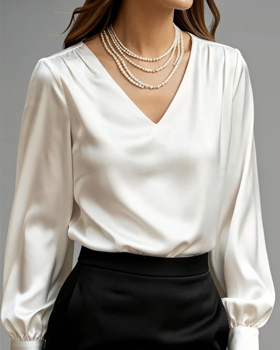 Blouse V-Hals Pofmouw Effen Kleur