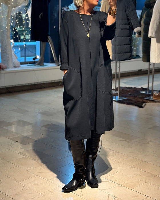 Casual effen kleur losse jurk met ronde hals en zak