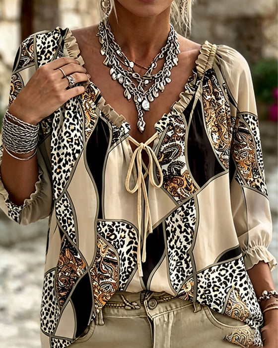 Blouse V-Hals Luipaard Pofmouw Strik