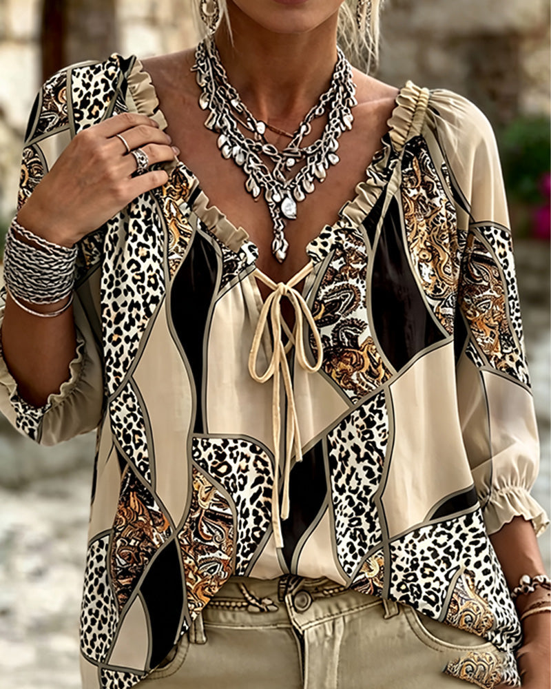 Blouse V-Hals Luipaard Pofmouw Strik