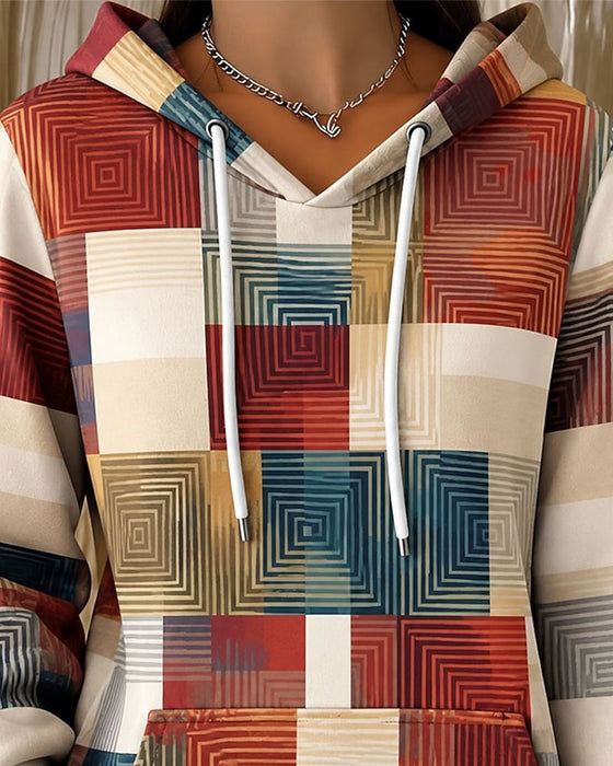 Hoodie Ruit Kleurblok Trekkoord