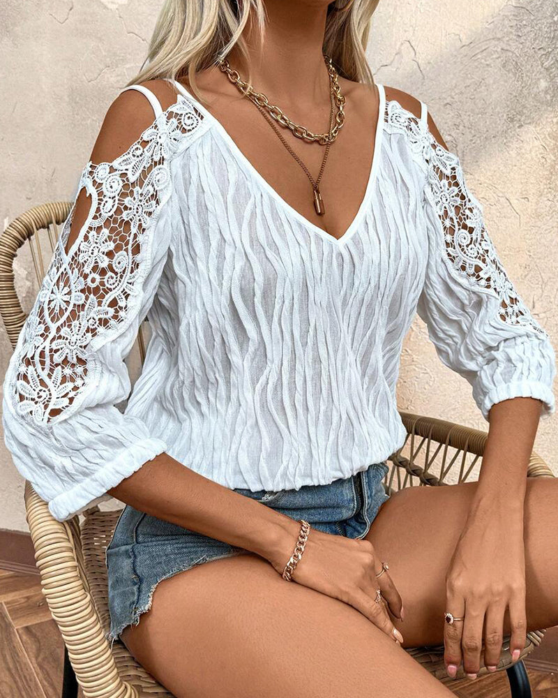 Blouse Kant Off-Schouder Gerimpeld Gestructureerd
