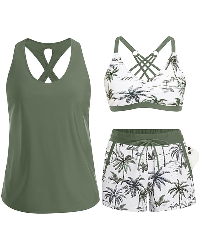 Bedekking En Bikini Crisscross Mouwloze Top + Trekkoord Bedrukte Broek Voor