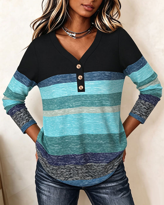 Top V-hals Knoopsluiting Gestreept Contrast