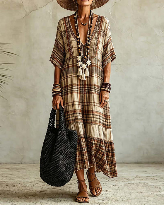 Jurk V-Hals Ruit Patchwork