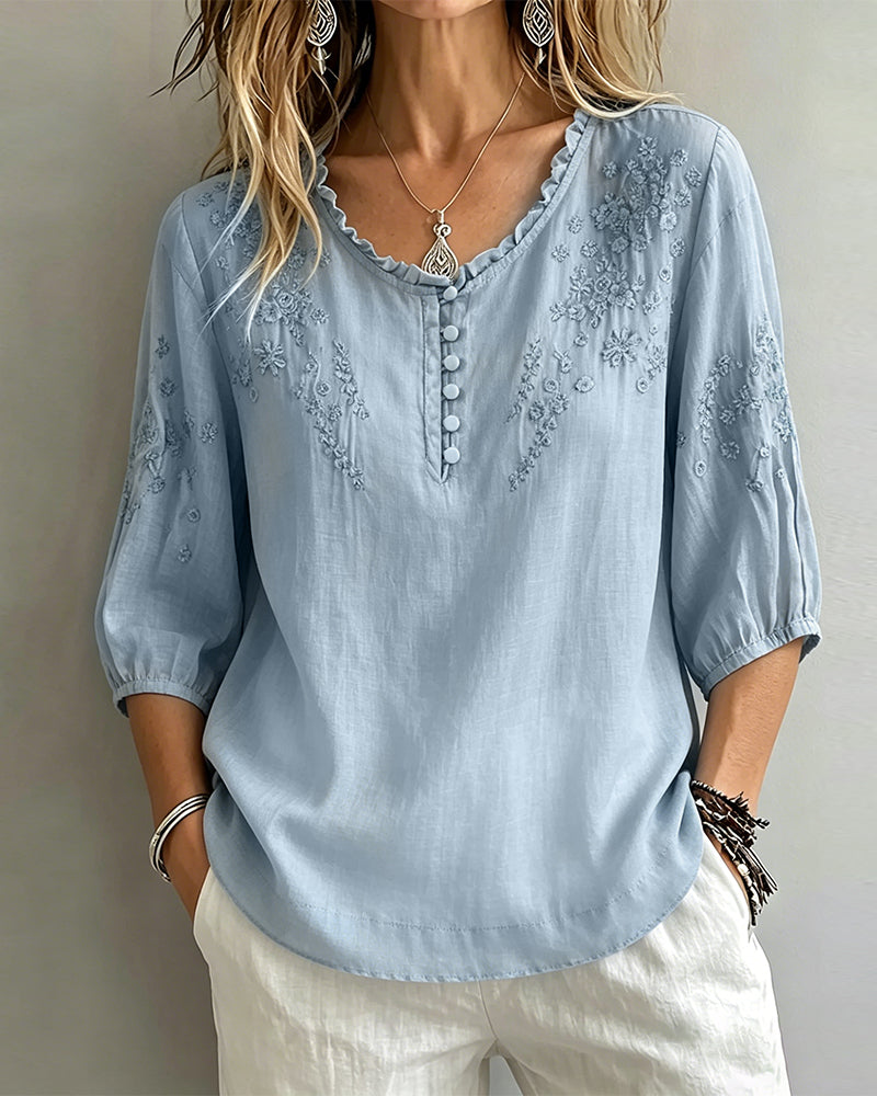 Blouse Borduurwerk 3/4-Mouw Effen Kleur