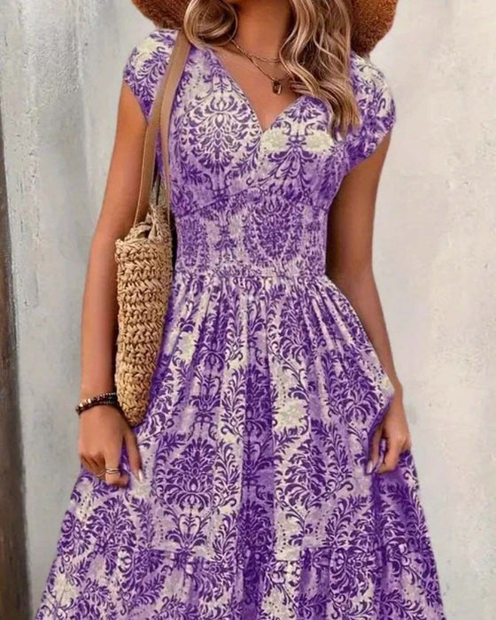 Jurk Retro Print V-Hals Ingesnoerde Taille Lang