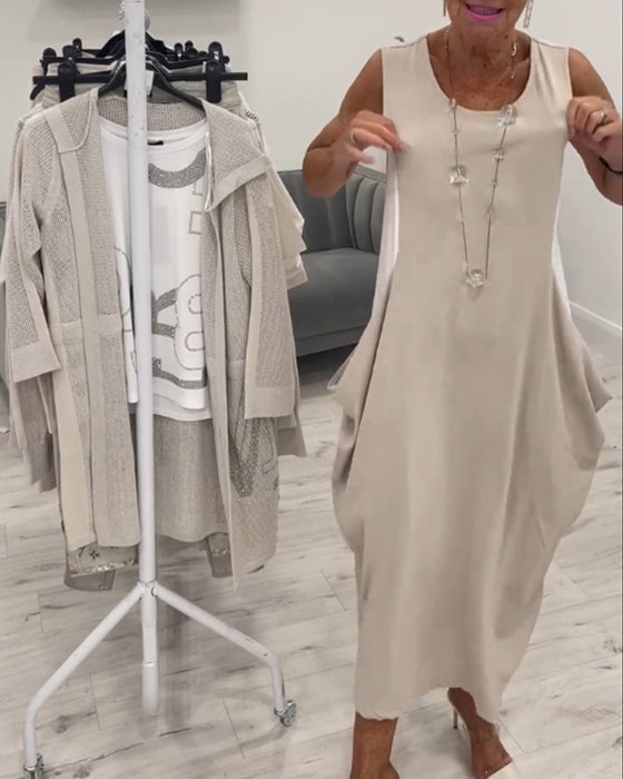 Modieuze mouwloze patchwork-jurk met zak