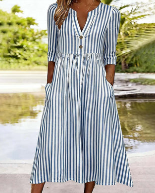 Jurk Blauw Wit Gestreept Driekwart Mouw