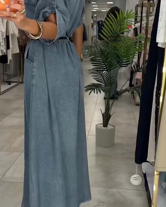 Jurk Shirt Kraag Zak Knoop Denim