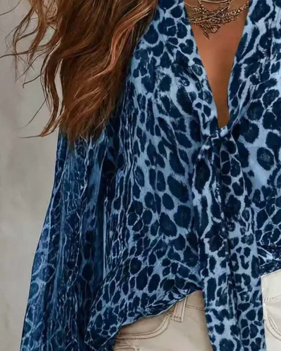 Blouse V‑hals Luipaardprint Doorzichtig Lange‑mouw