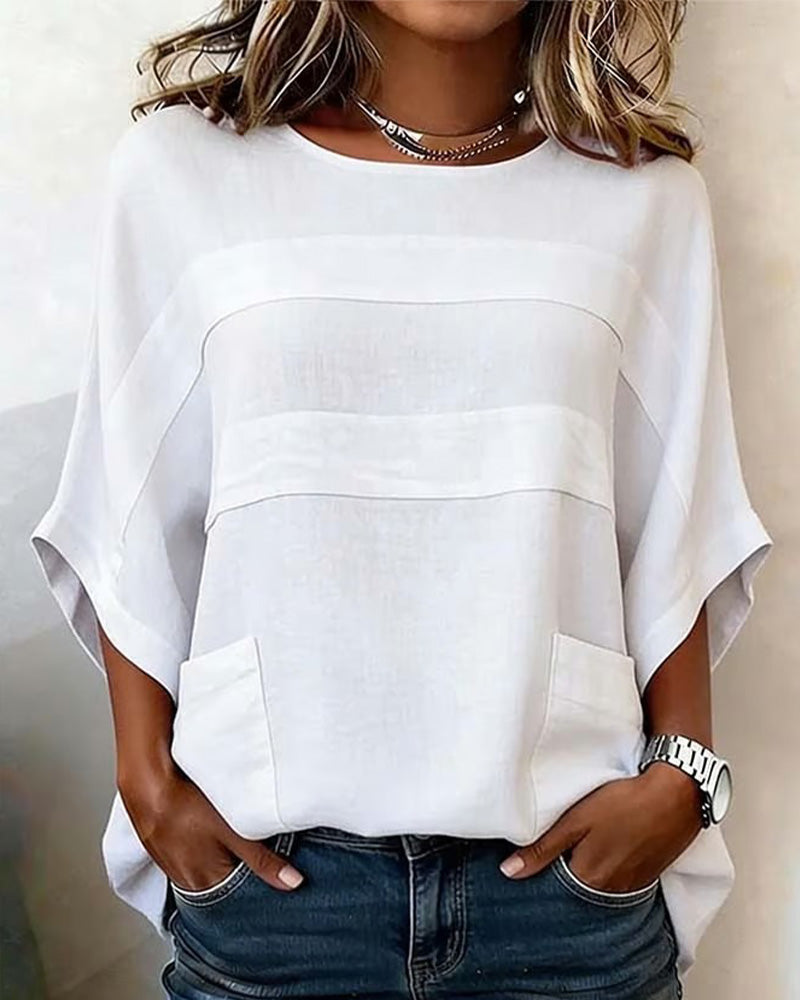 Blouse 100% Katoen Vleermuismouw Losse Pasvorm Ronde Hals