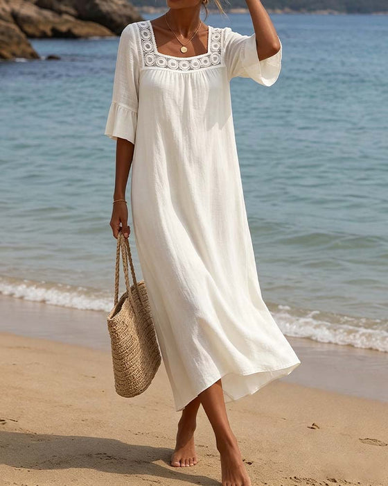 Robe Col Carré Découpe Volant Dentelle