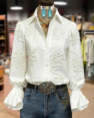 Shirt Bloem Uitlopende Mouw Mandarin Kraag