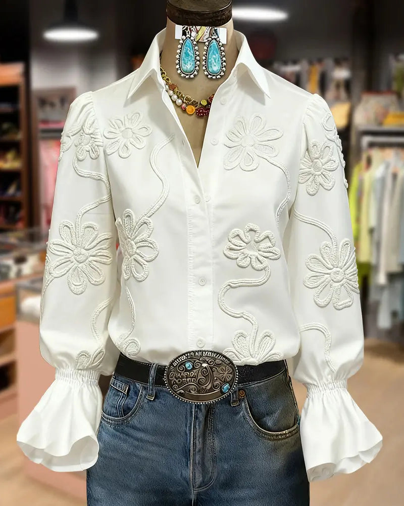 Shirt Bloem Uitlopende Mouw Mandarin Kraag