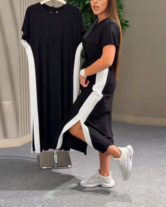 Jurk Ronde Hals Patchwork Korte Mouw