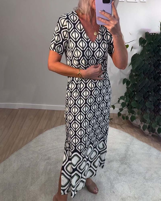 Jurk V-Hals Geometrisch Kortmouwig