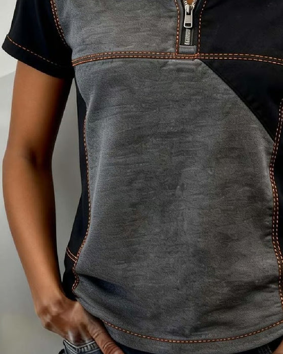 Top Halve Rits Kleurblok Korte Mouwen