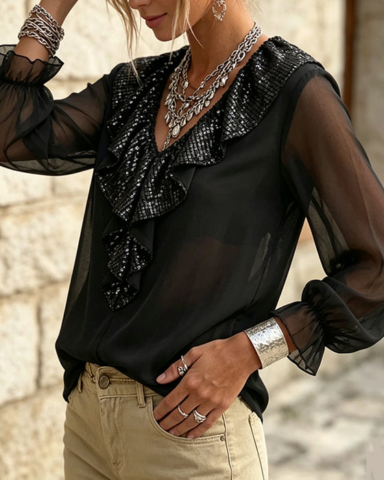 Blouse Stijlvol V-Hals Kant Rand Sheer