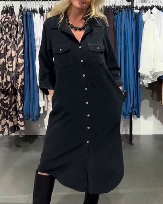 Jurk Revers Zak Geknoopt Lang Shirt
