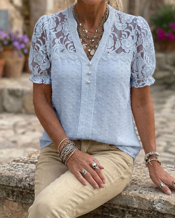 Blouse Kant Patchwork Pofmouw V-Hals