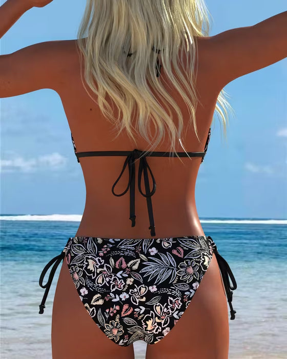 Bikini Bloemenprint Halsband Vastbinden Tweedelige Bikini