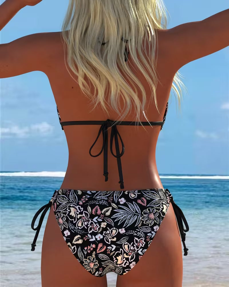 Bikini Bloemenprint Halsband Vastbinden Tweedelige Bikini