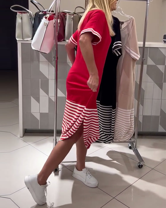 Jurk Contraststrepen Korte Mouw Casual