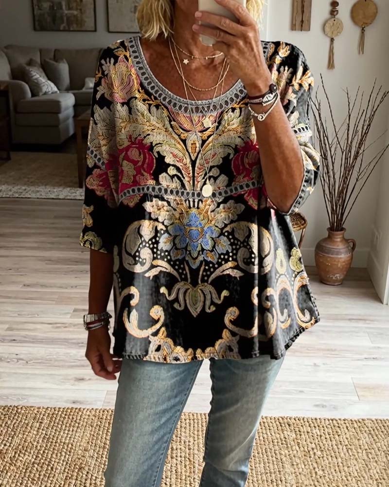 Blouse Bohemian Opengewerkt Bedrukt